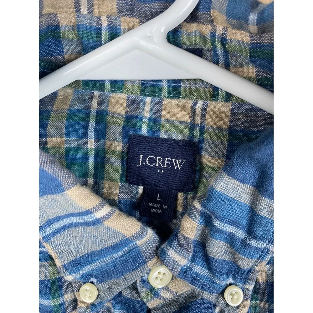 J.Crew Men's Blue Plaid Linen‎ Cotton Shirt Slim Fit Size L Short Sleeve